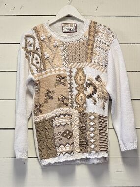 Crystal-Blue Patchwork Crewneck Sweater in White & Tan